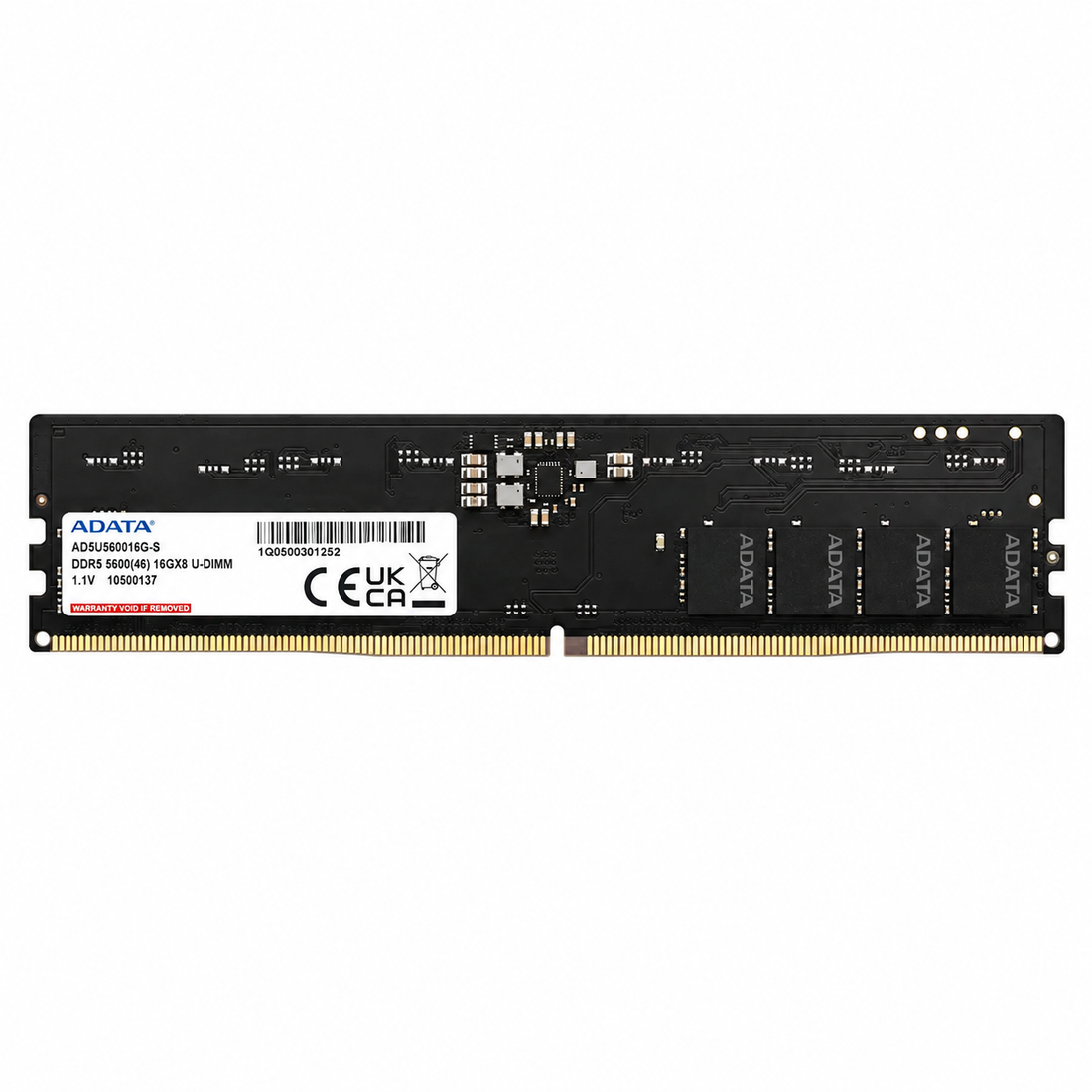 ADATA 16GB DDR5 5600MT/s UDIMM desktop RAM label side view showing the memory chips and gold connector pins