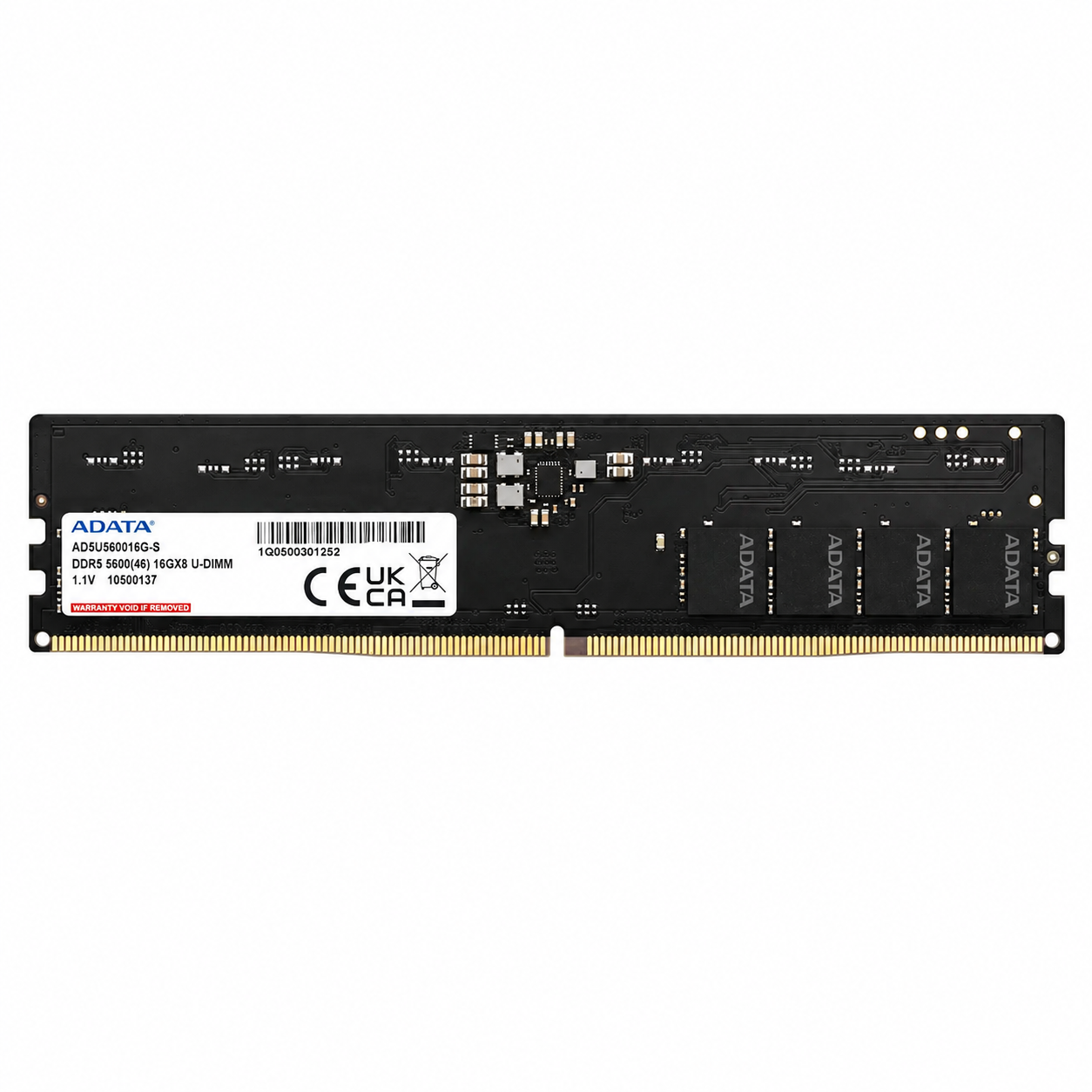 ADATA 16GB DDR5 5600MT/s UDIMM desktop RAM label side view showing the memory chips and gold connector pins