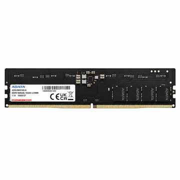 ADATA 16GB DDR5 5600MT/s UDIMM desktop RAM label side view showing the memory chips and gold connector pins