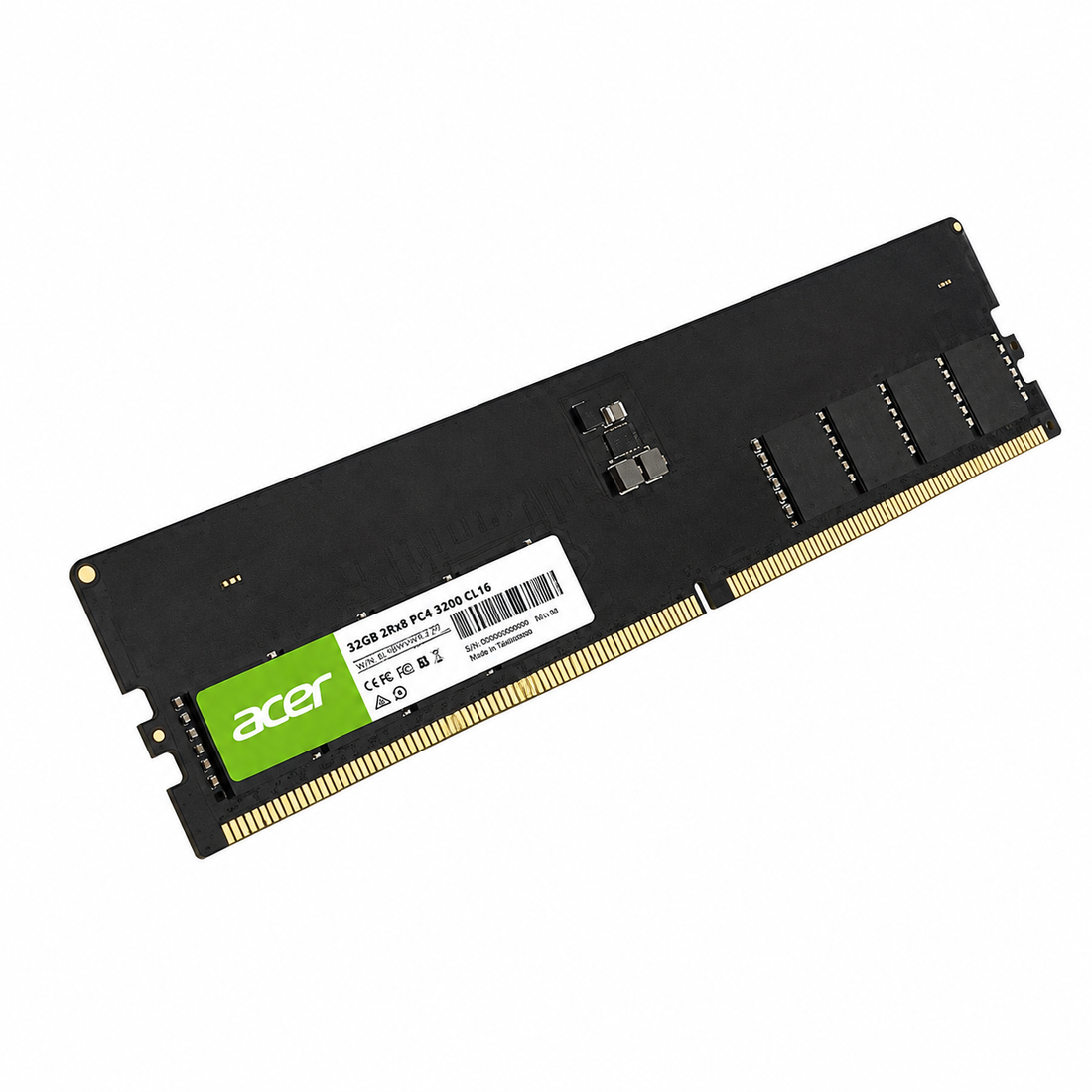Acer UD200 16GB DDR5 5600MT/s UDIMM desktop RAM angled view showing the product label, memory chips and gold connector pins