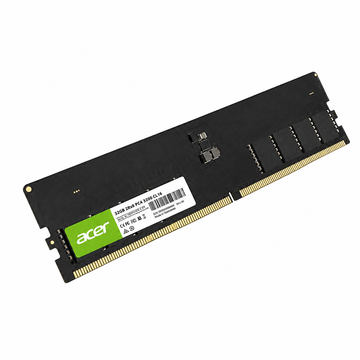 Acer UD200 16GB DDR5 5600MT/s UDIMM desktop RAM angled view showing the product label, memory chips and gold connector pins