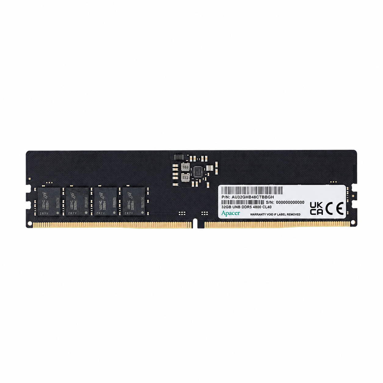 Apacer 16GB DDR5 5600MT/s UDIMM desktop RAM front view showing the memory chips, product label and gold connector pins