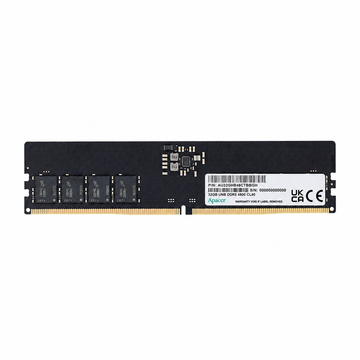 Apacer 16GB DDR5 5600MT/s UDIMM desktop RAM front view showing the memory chips, product label and gold connector pins