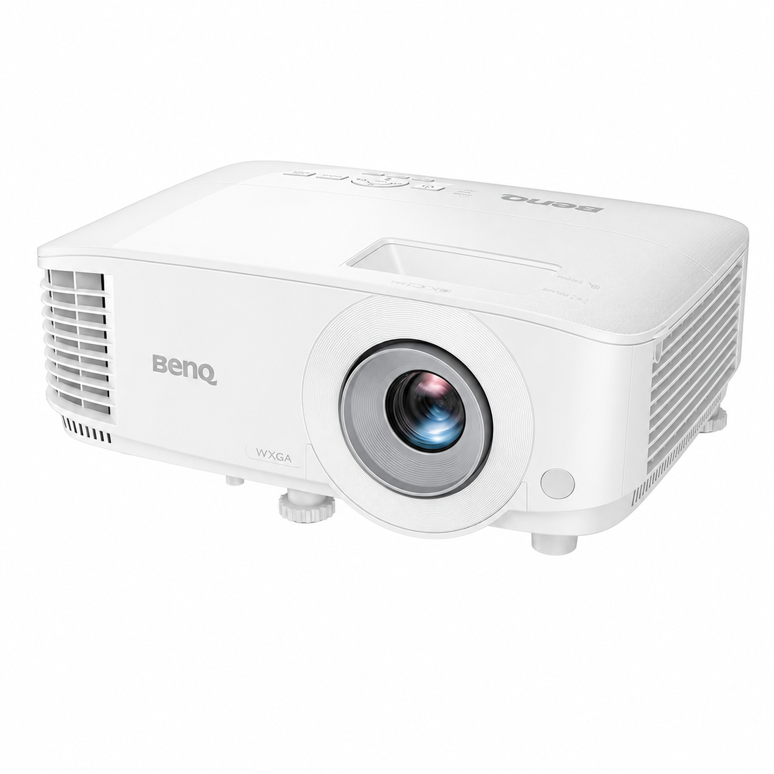 BenQ white projector front view showing the projection lens and side air vents