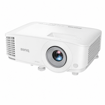 BenQ white projector angled front view showing the lens, top controls and ventilation grilles