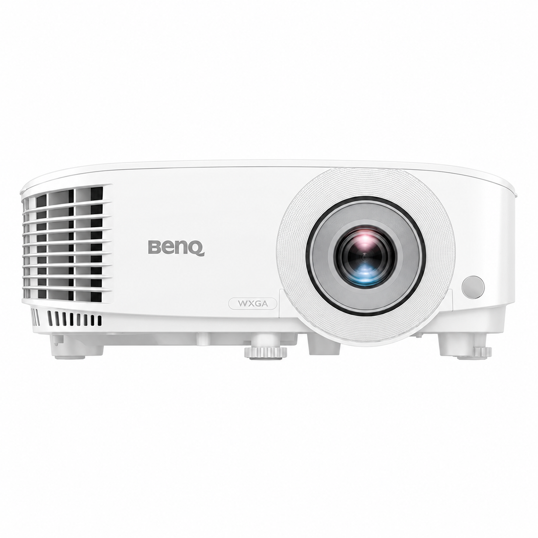 BenQ white projector front view showing the projection lens and side air vents