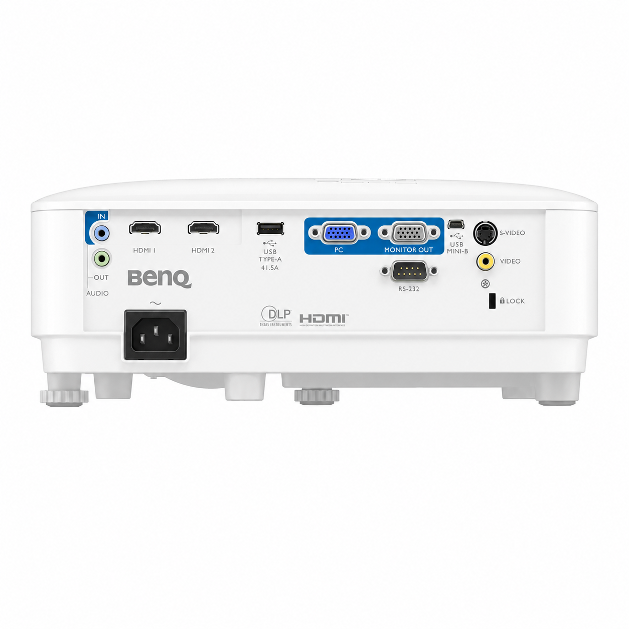 BenQ white projector rear view showing HDMI, VGA, USB and audio connection ports