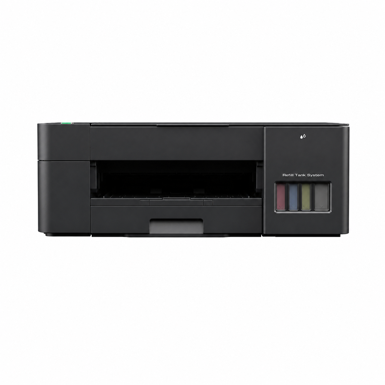 Top view of Brother DCP-T420W wireless refillable ink tank all-in-one printer showing the scanner lid and LED control panel.