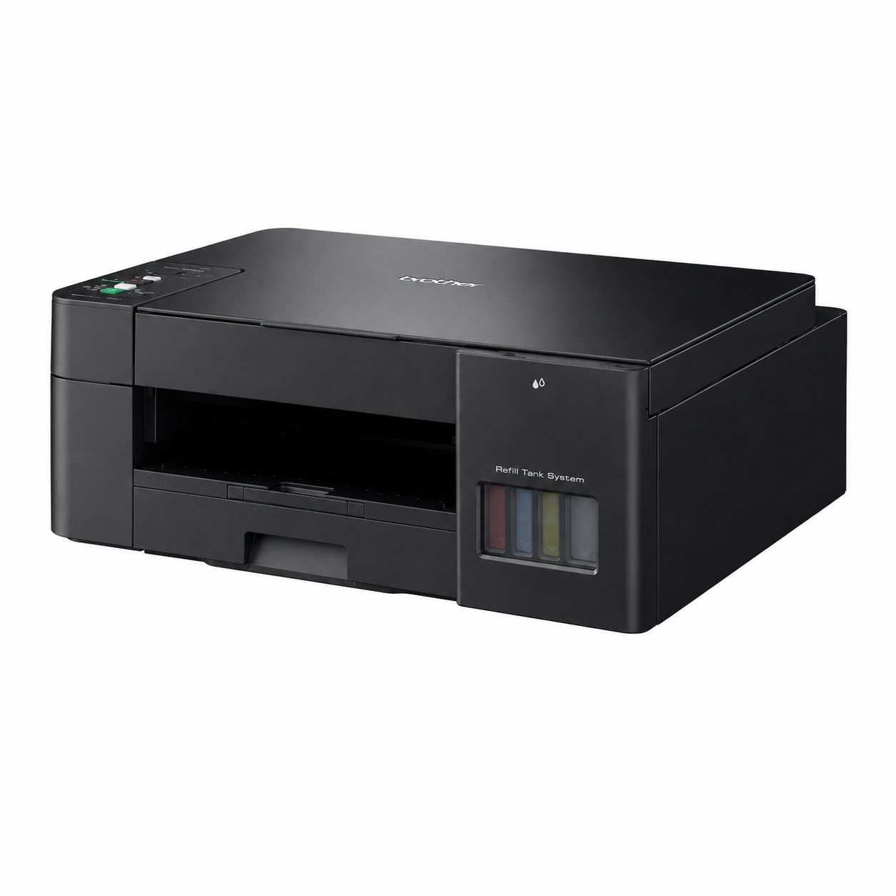 Right-side view of Brother DCP-T420W wireless ink tank printer showing the compact body and front paper output area.