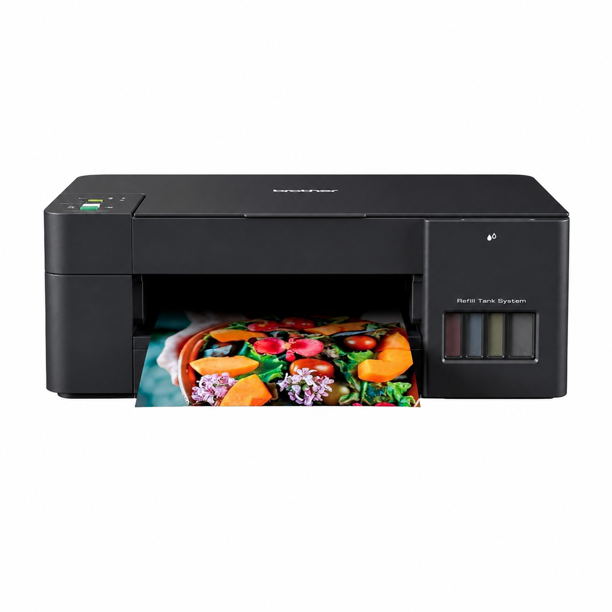 Left-side view of Brother DCP-T420W refillable ink tank printer showing the flatbed scanner design and paper tray housing.