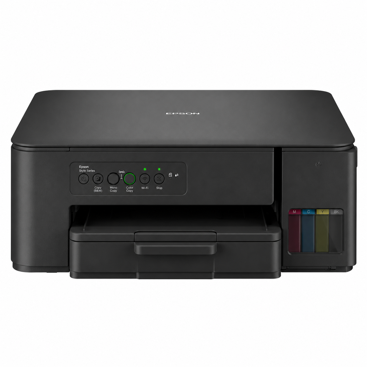Brother DCP-T530W Wireless Ink Tank All-in-One Printer front view showing control panel, paper tray and refillable ink tanks.