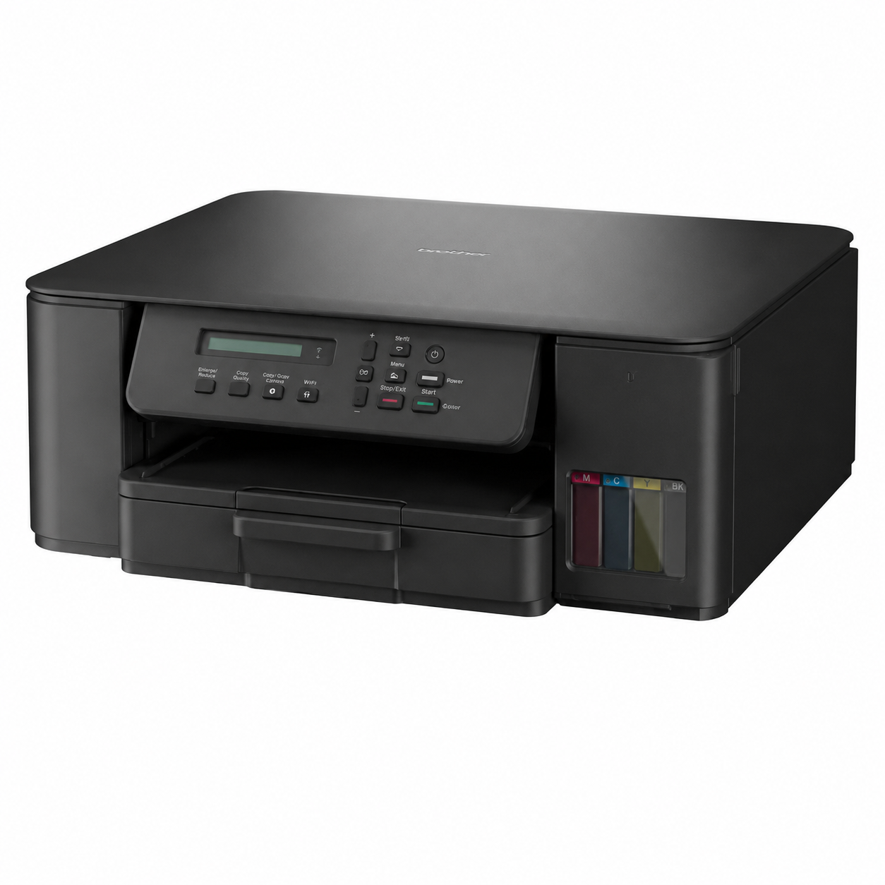 Brother DCP-T530W Wireless Ink Tank Printer angled front view showing compact multifunction design and integrated ink tank system.