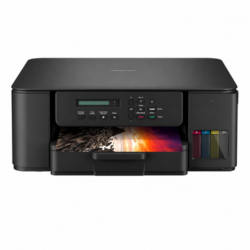 Brother DCP-T530W Wireless Ink Tank Printer front view printing a color photo.