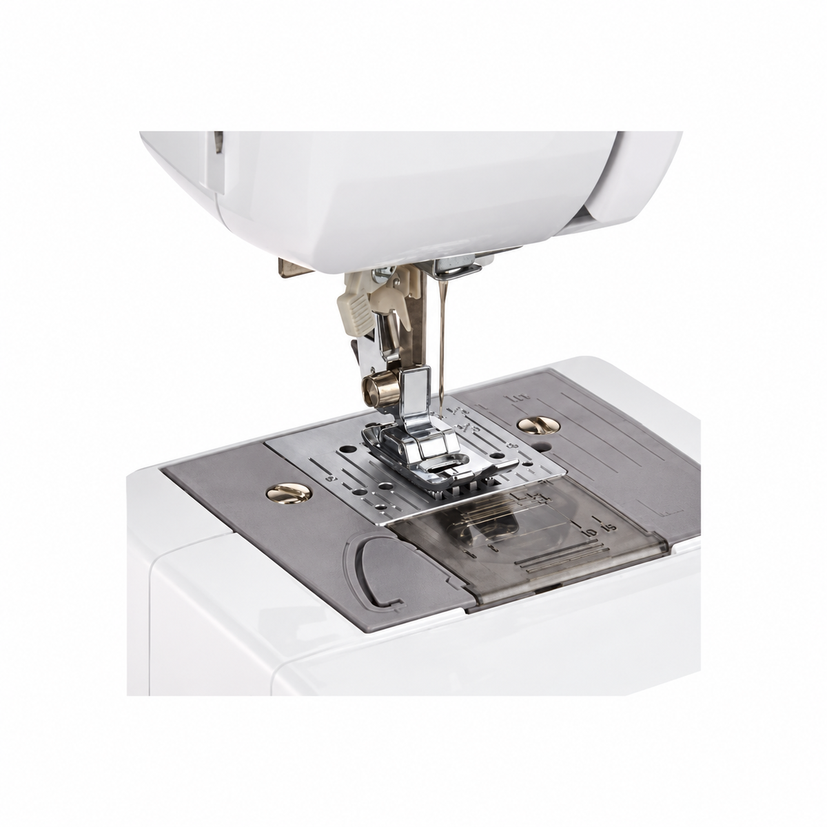 Brother sewing machine needle, presser foot and bobbin area close-up.