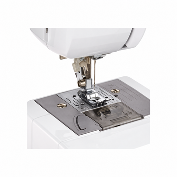 Brother sewing machine needle, presser foot and bobbin area close-up.