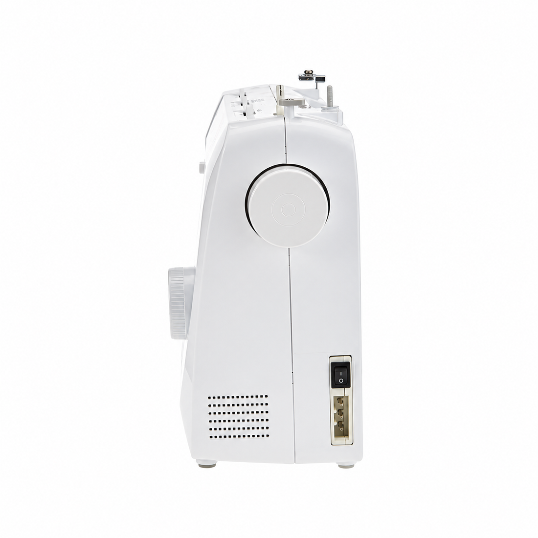 Brother mechanical sewing machine front view, white and blue design.