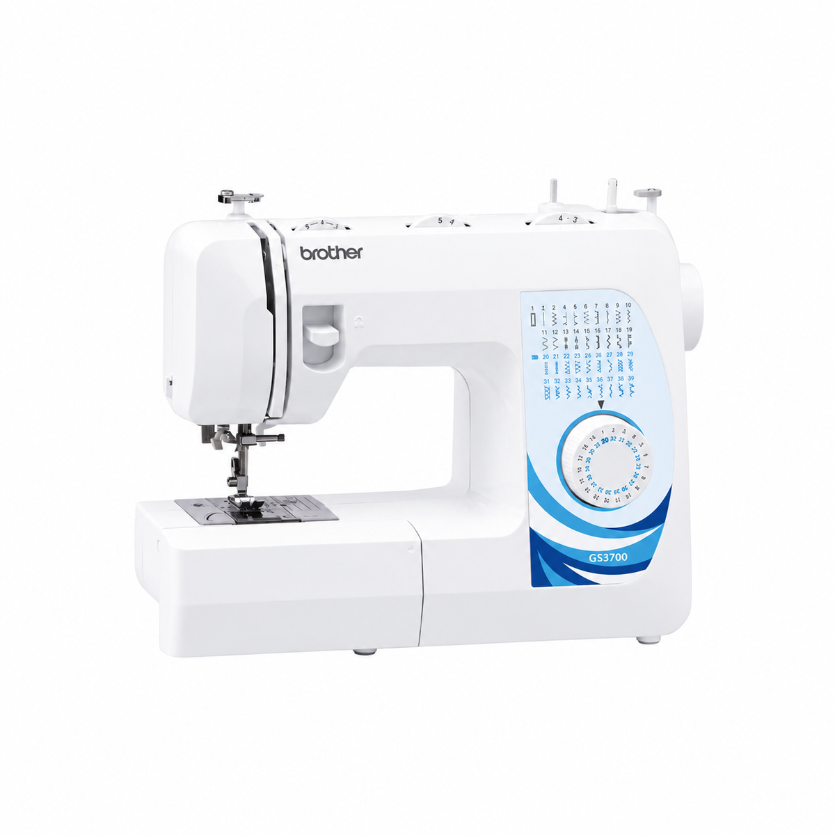 Brother mechanical sewing machine front view, white and blue design.