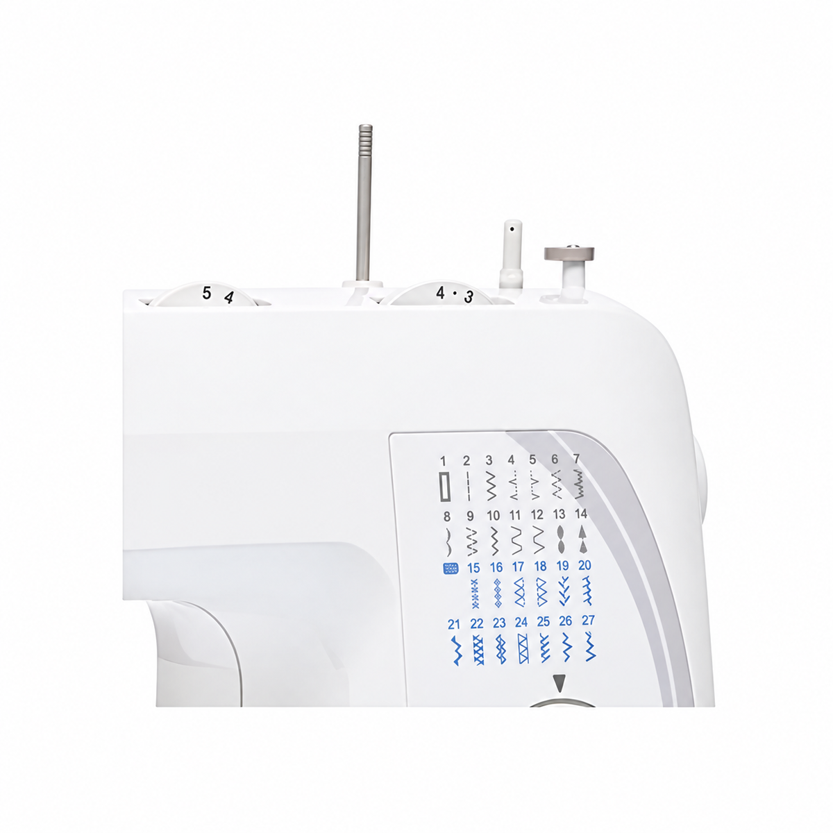 Brother mechanical sewing machine stitch selector and upper controls close-up.