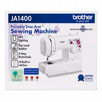 Brother JA1400 Mechanical Sewing Machine product box showing portable free arm sewing machine with 14 built-in stitches.