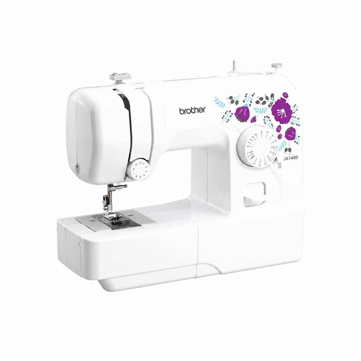 Brother JA1400 Mechanical Sewing Machine angled front view showing compact white design with floral accents.