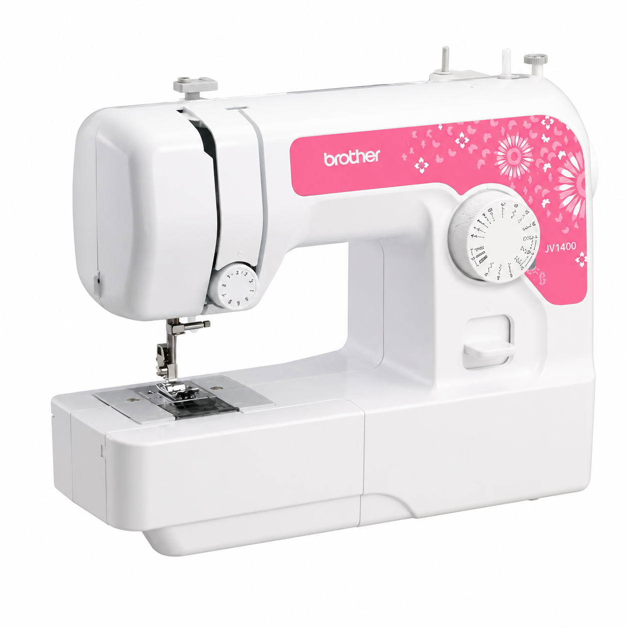Brother JV1400 Mechanical Sewing Machine angled front view showing compact white and pink design.