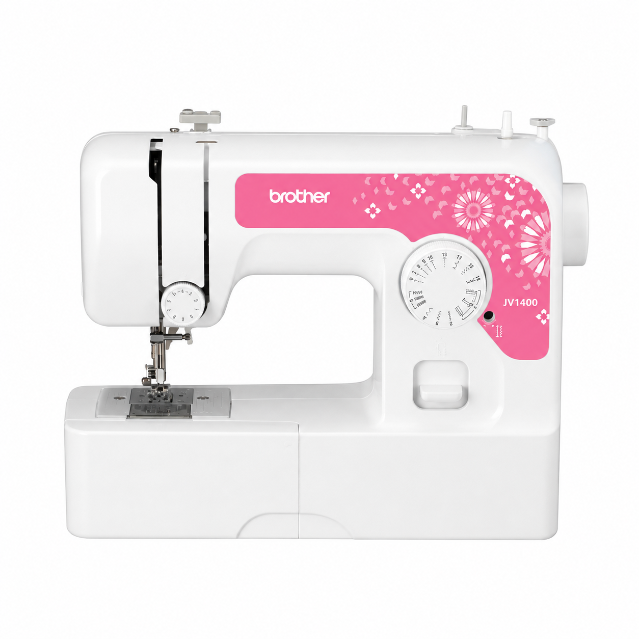 Brother JV1400 Mechanical Sewing Machine front view showing stitch selector dial and free arm design.