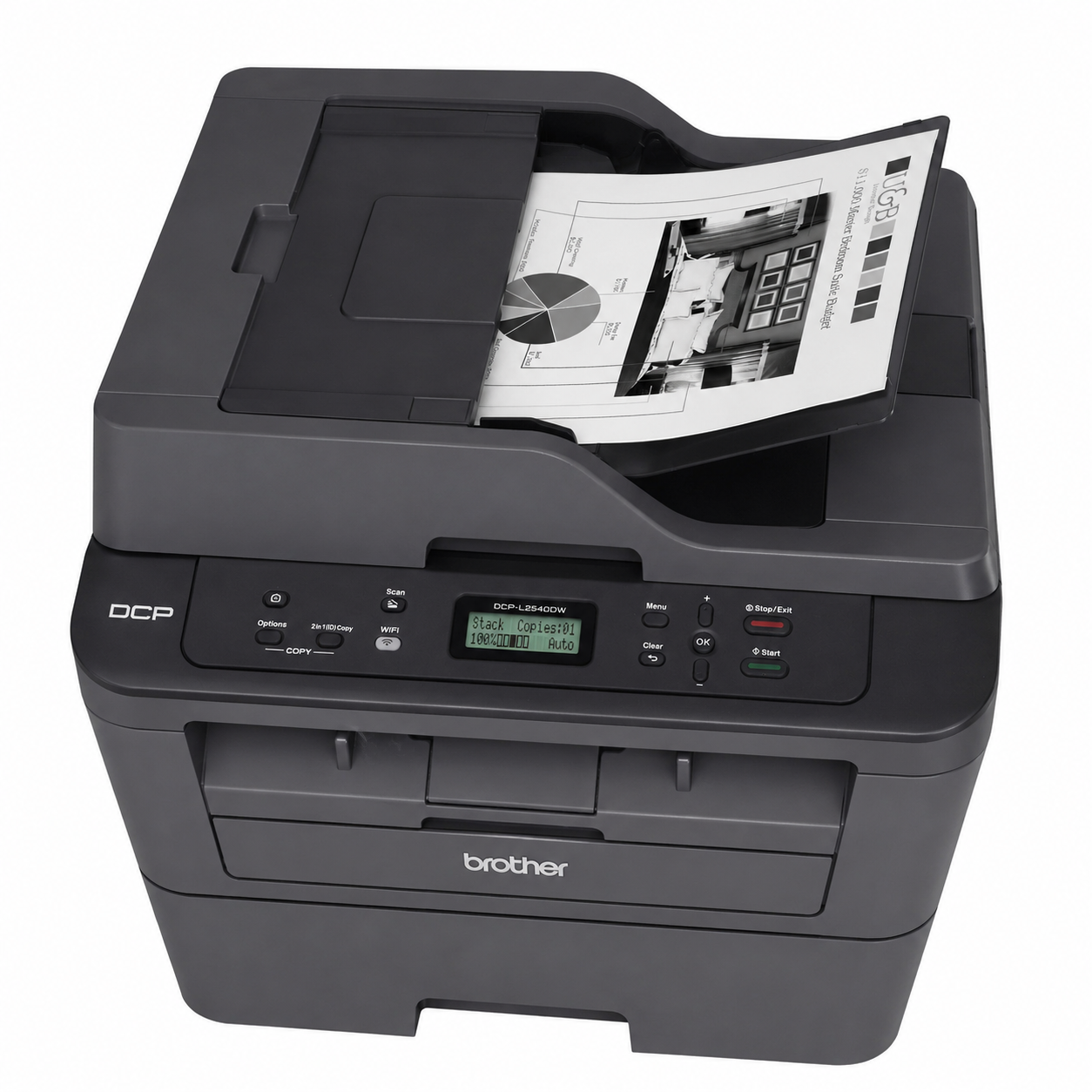 Brother DCP-L2540DW printing a black-and-white business document