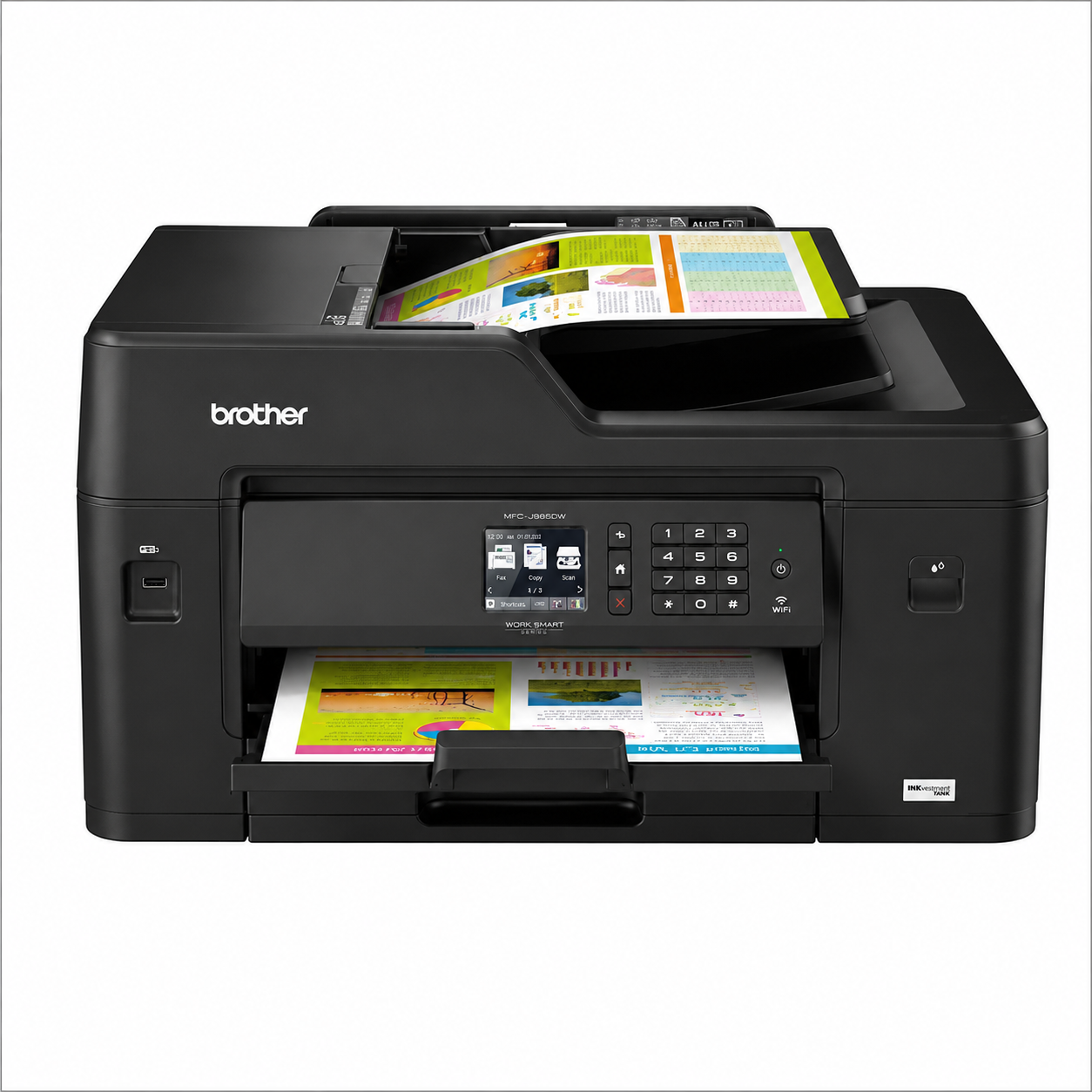 Brother MFC-J3530DW A3 Wireless All-in-One Inkjet Printer front view printing color documents.