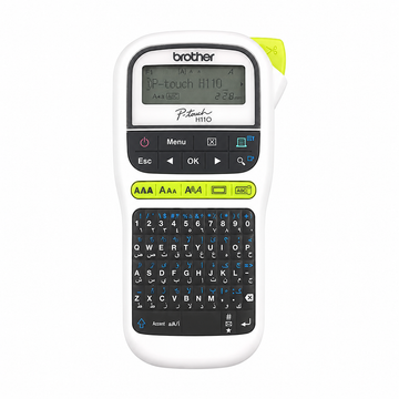 Brother PT-H110 handheld label printer front view showing LCD screen, QWERTY keyboard and control buttons.
