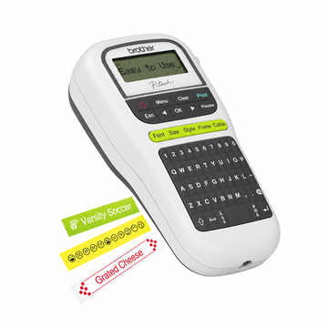Brother PT-H110 portable label printer angled view showing LCD display, keyboard and sample printed labels.