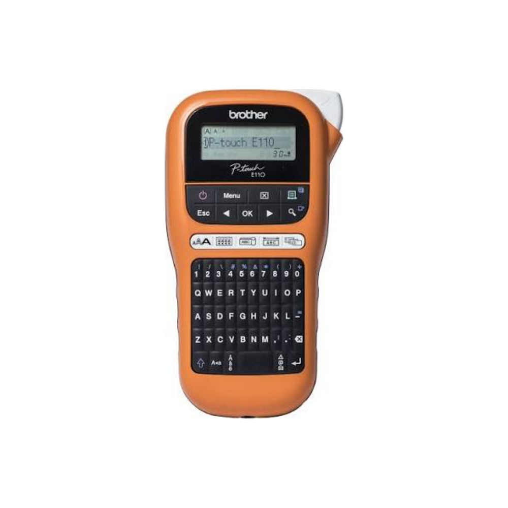 Brother P-touch E110 handheld label printer in orange and black, front view.