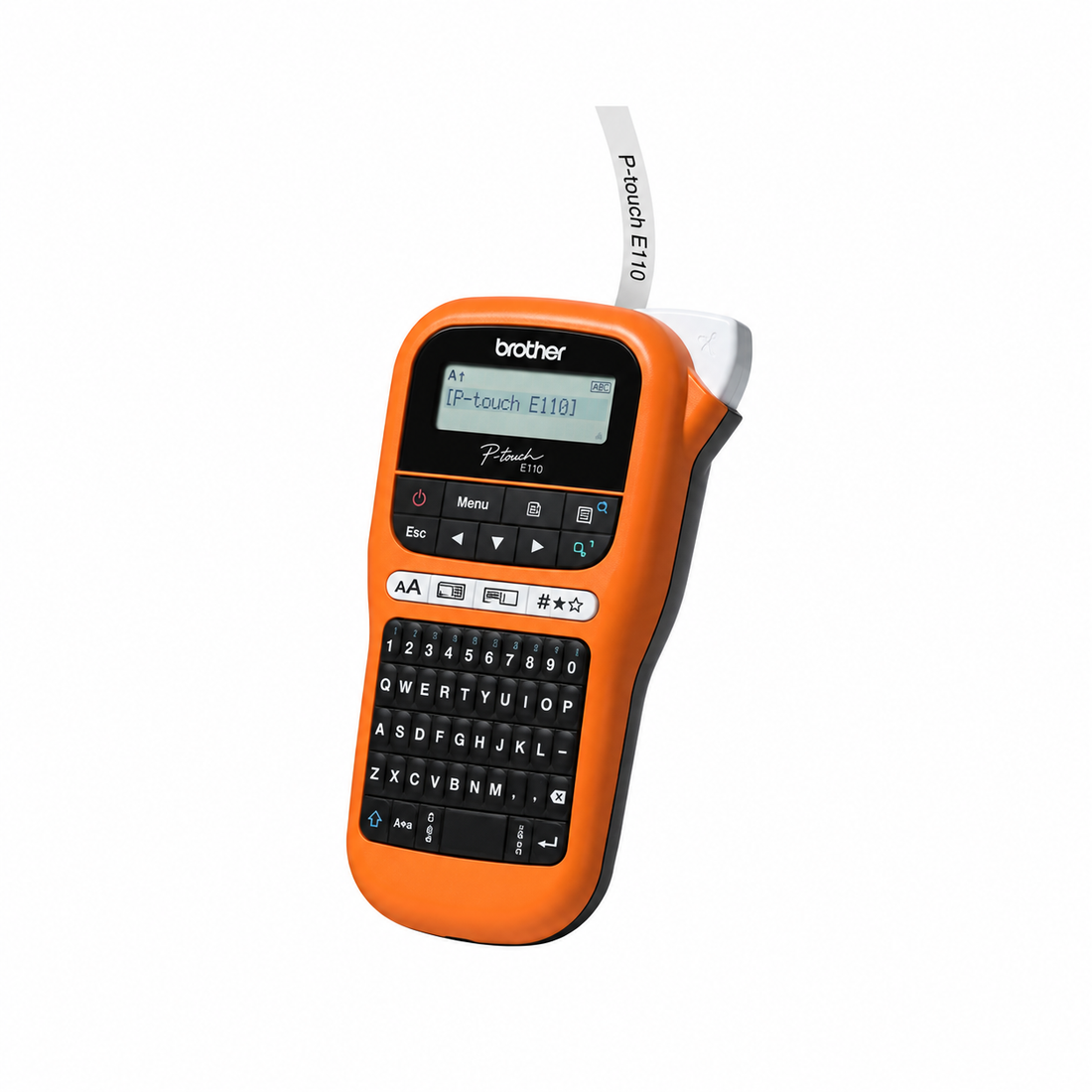 Brother P-touch E110 handheld label printer in orange and black, front view.