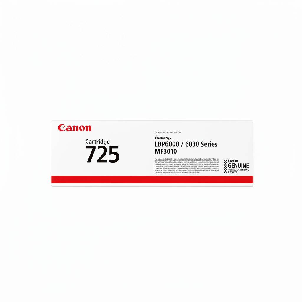 Canon 725 original black toner cartridge 3484B002 top view showing genuine Canon i-SENSYS toner cartridge packaging.