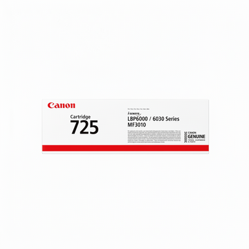 Canon 725 original black toner cartridge 3484B002 top view showing genuine Canon i-SENSYS toner cartridge packaging.