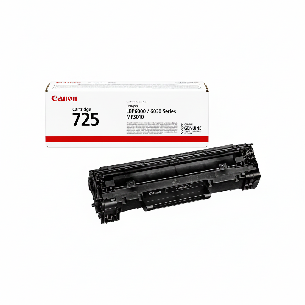 Canon 725 original black toner cartridge 3484B002 top view showing genuine Canon i-SENSYS toner cartridge packaging.