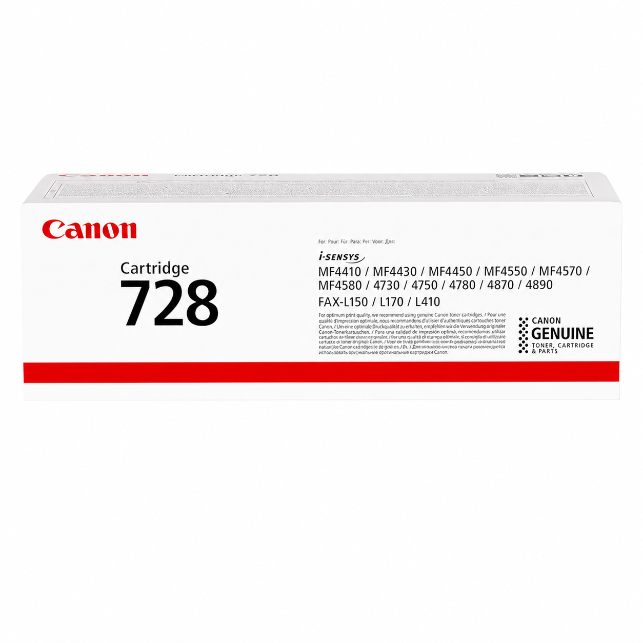 Canon 728 original black toner cartridge 3500B002 top view showing the genuine Canon toner cartridge packaging.