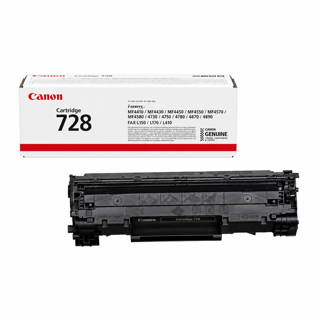 Canon 728 original black toner cartridge 3500B002 top view showing the genuine Canon toner cartridge packaging.