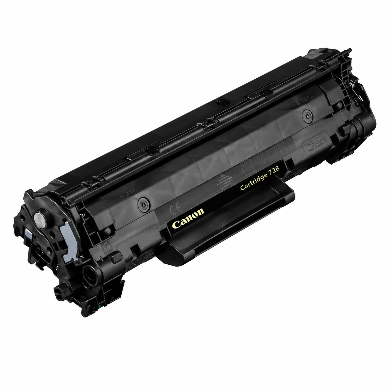 Canon 728 black toner cartridge close-up showing the genuine Canon Cartridge 728 label and 3500B002 product code.