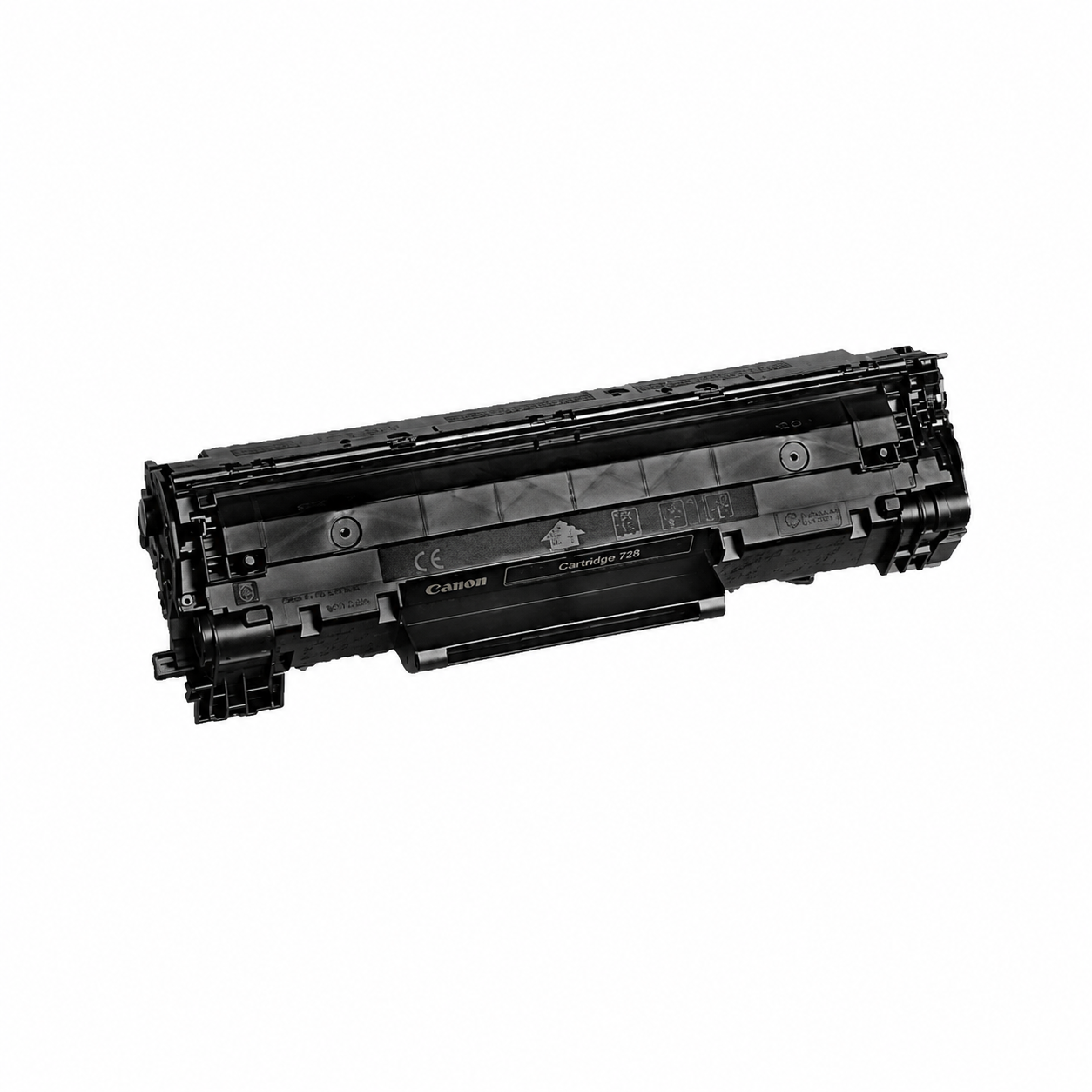 Canon 728 original black toner cartridge rear view showing the Canon cartridge packaging information panel.