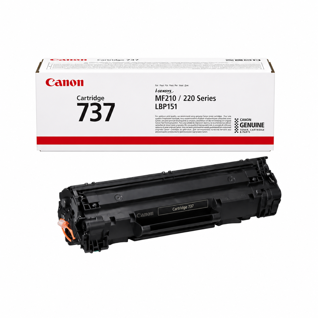 Canon 737 original black laser toner cartridge 9435B002 right-side view showing the Cartridge 737 packaging panel.