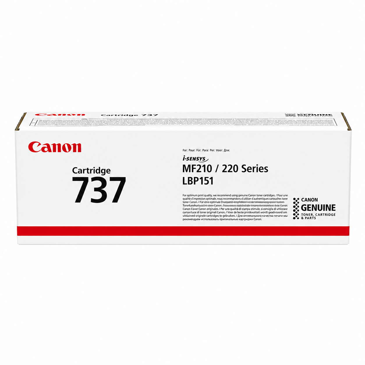 Canon 737 original black toner cartridge 9435B002 top view showing genuine Canon i-SENSYS toner packaging.