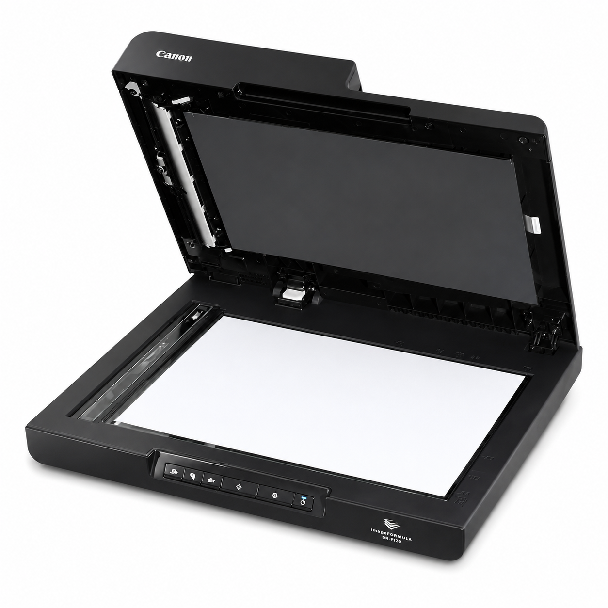 Canon imageFORMULA DR-F120 with open flatbed lid and document feeder paper guides