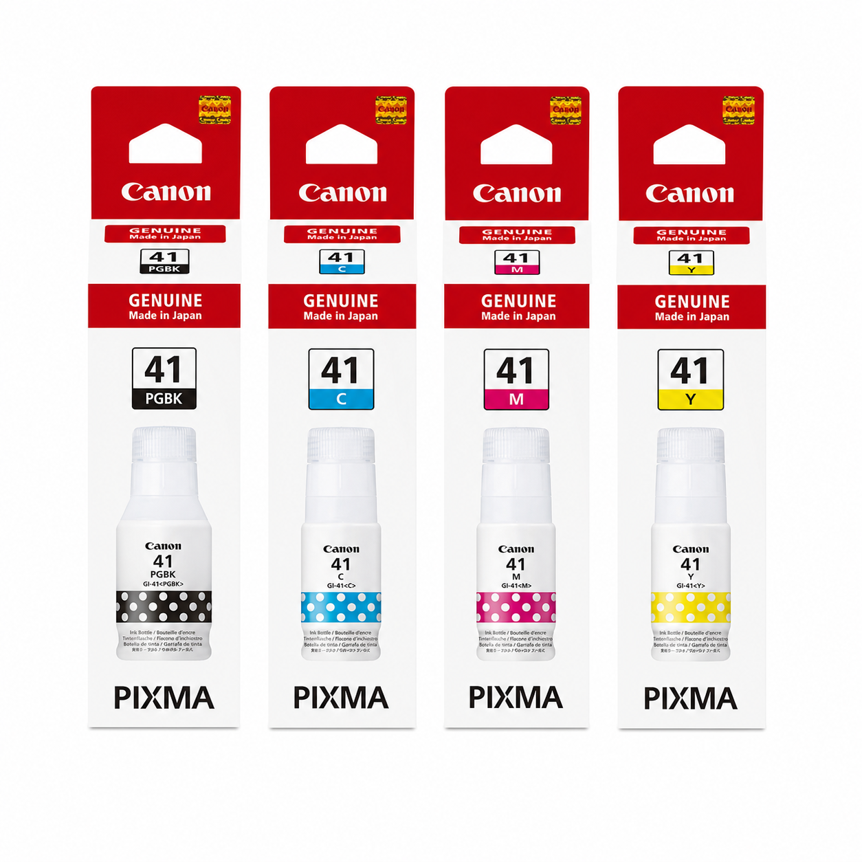 Canon GI-41 original 4-color ink bottle set top view with black, cyan, magenta and yellow refill inks for PIXMA G-Series printers.