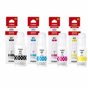 Close-up of Canon GI-41 original refill ink bottles showing the key-type nozzles and black, cyan, magenta and yellow color codes.