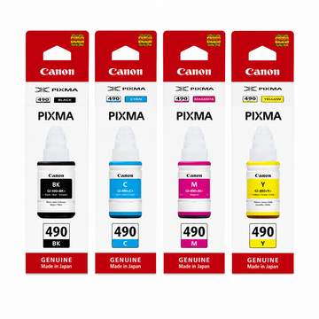 Canon GI-490 original 4-color ink bottle set top view showing black, cyan, magenta and yellow Canon PIXMA G-Series refill inks.