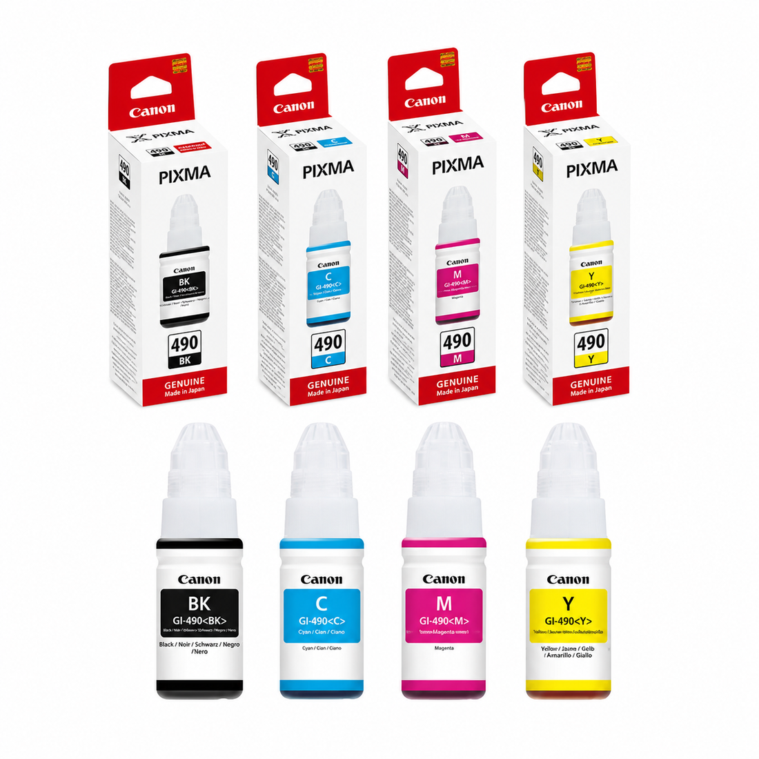 Canon GI-490 original 4-color ink bottle set top view showing black, cyan, magenta and yellow Canon PIXMA G-Series refill inks.