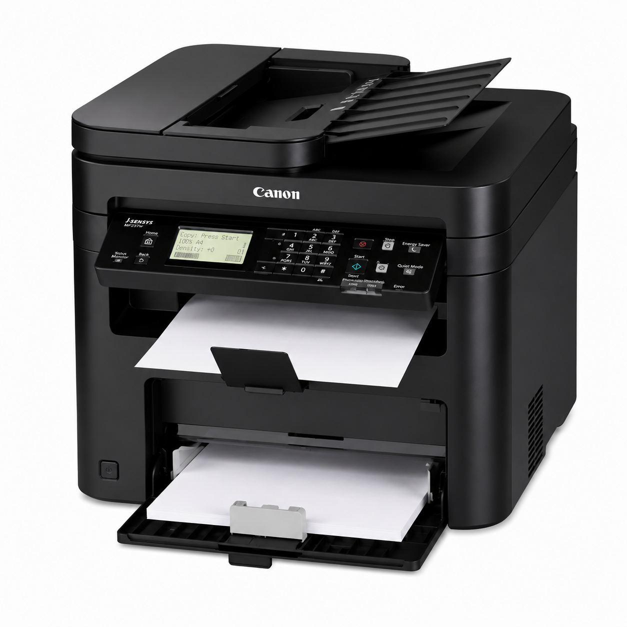 Canon i-SENSYS MF237w printing a monochrome A4 business document