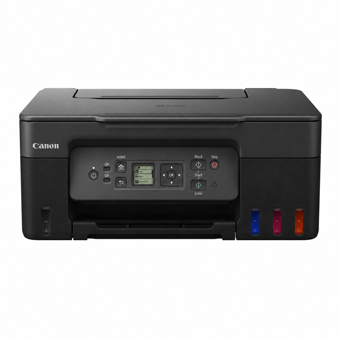 Canon PIXMA G3470 Wireless MegaTank Printer front view showing control panel and refillable ink tanks.