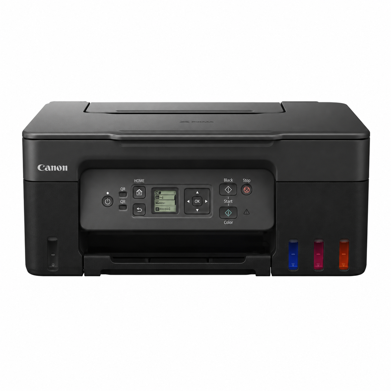 Canon PIXMA G3470 Wireless MegaTank Printer front view showing control panel and refillable ink tanks.