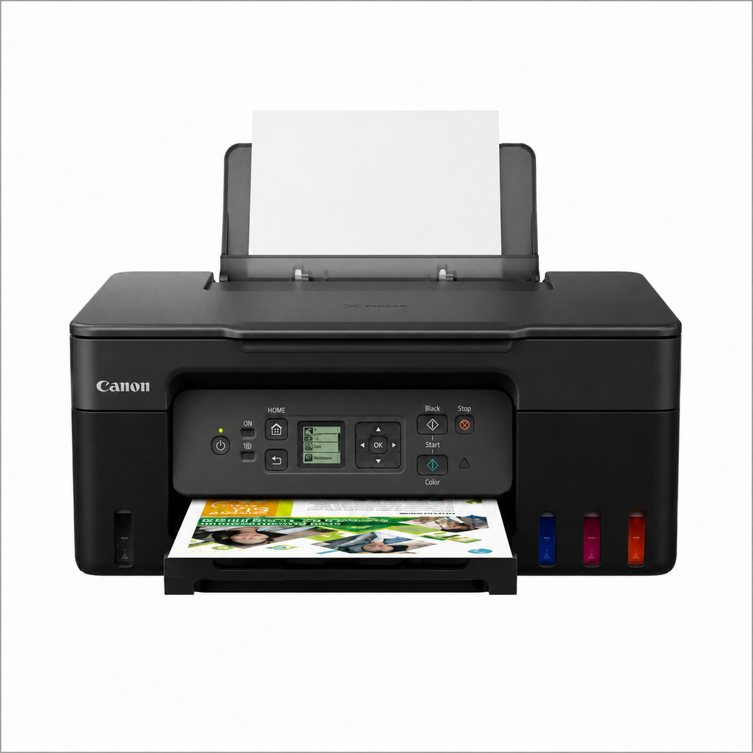 Canon PIXMA G3470 Wireless MegaTank Printer front view showing control panel and refillable ink tanks.